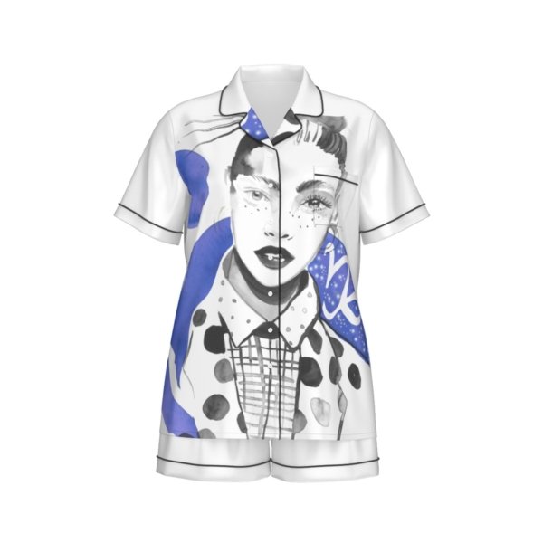 All-Over Print Women's Imitation Silk Pajama Set With Short Sleeve
