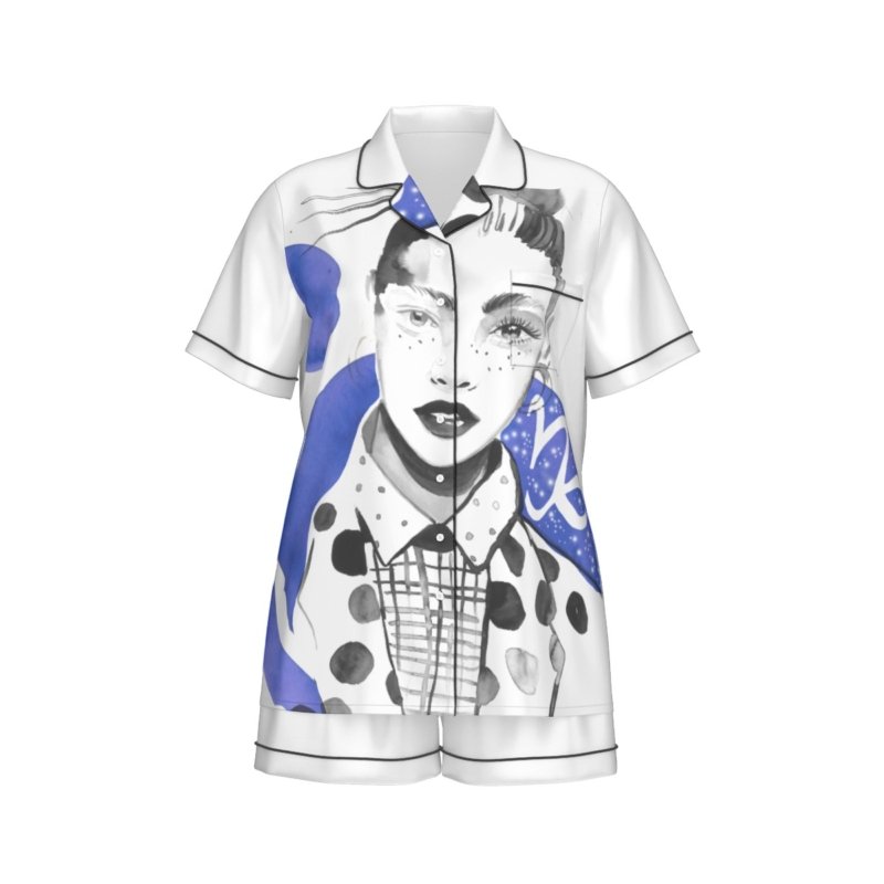 All-Over Print Women's Imitation Silk Pajama Set With Short Sleeve