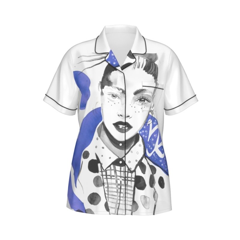All-Over Print Women's Imitation Silk Pajama Set With Short Sleeve - Image 5