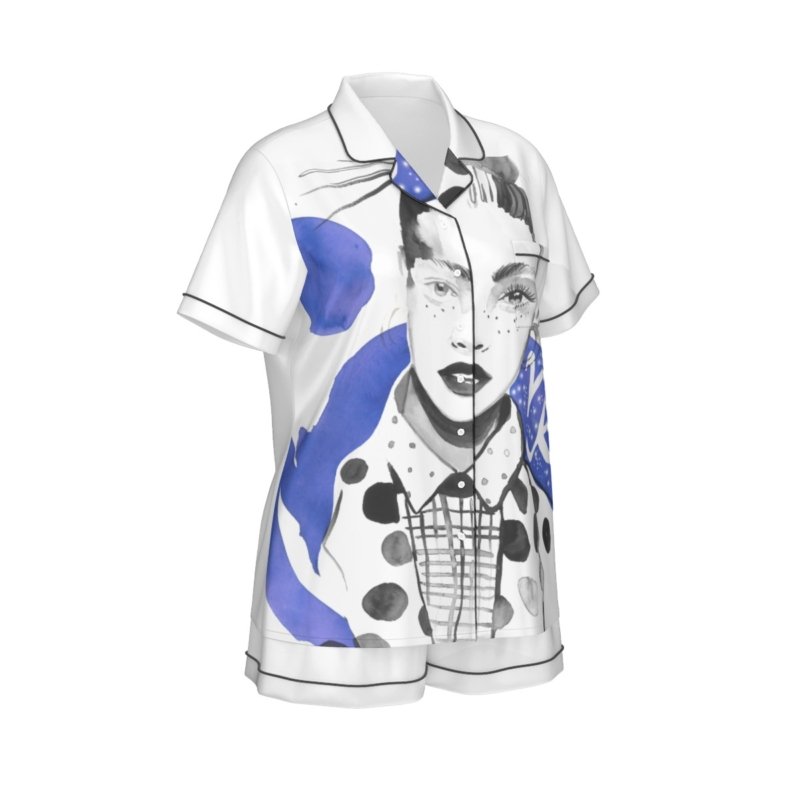 All-Over Print Women's Imitation Silk Pajama Set With Short Sleeve - Image 3
