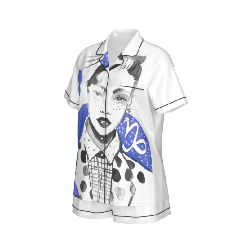 All-Over Print Women's Imitation Silk Pajama Set With Short Sleeve - Image 2
