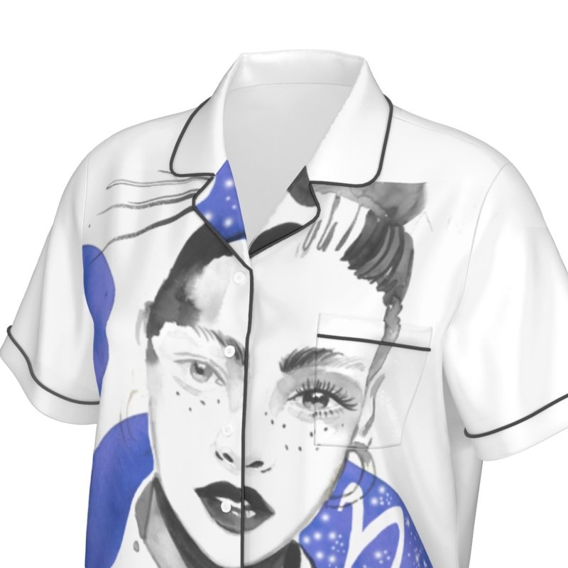 All-Over Print Women's Imitation Silk Pajama Set With Short Sleeve - Image 7